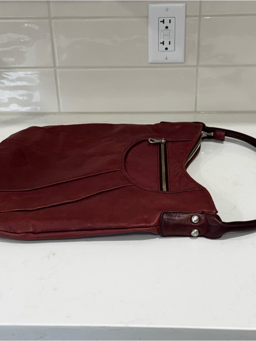 Christopher Kon Maroon Leather Hobo Bag - Pleated Slouchy Shoulder Purse - Picture 4 of 15